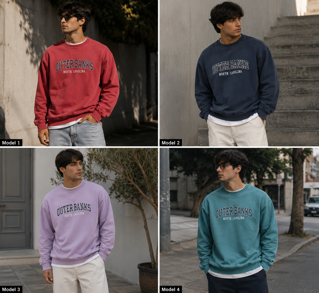 OUTERBANK MEN SOFT FLEECE RIBBED HEM CUFF ROUND NECK EMBROIDERY SWEATSHIRTS